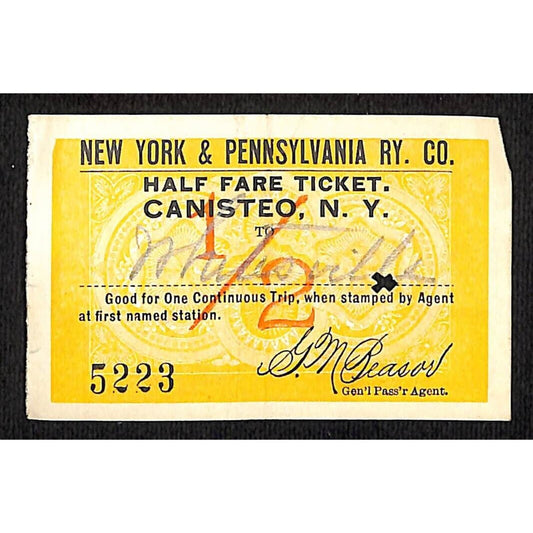 New York & Pennsylvania Railroad RY July 7 1917 Whitesville Ticket #5223