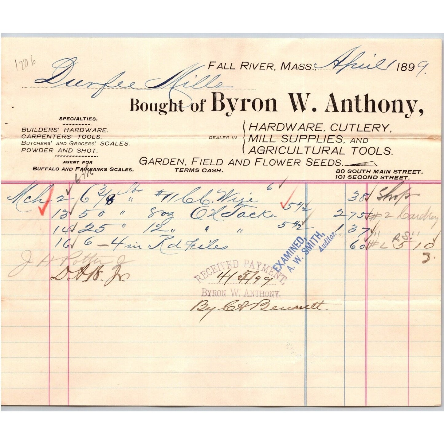 Byron W. Anthony Hardware Cutlery Mill Supplies Fall River, MA 1899 Billhead VGC