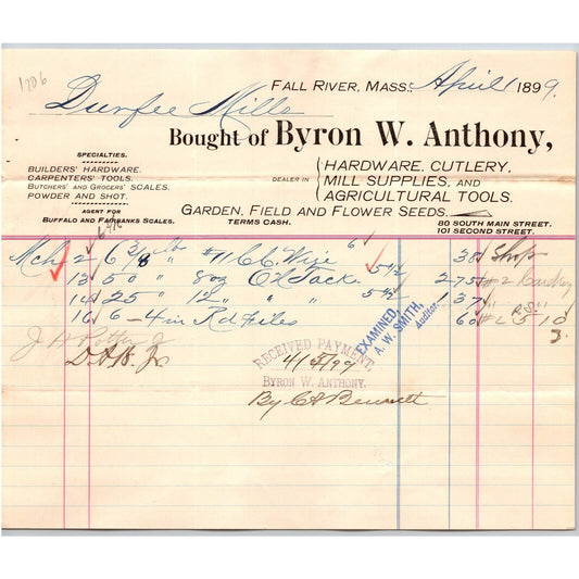 Byron W. Anthony Hardware Cutlery Mill Supplies Fall River, MA 1899 Billhead VGC