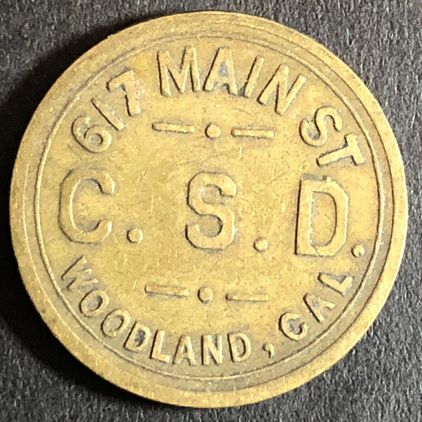 C.S.D. Charles Dunlap Cigars Woodland CA Brass G/F 5c c1920's Trade Token - 21mm