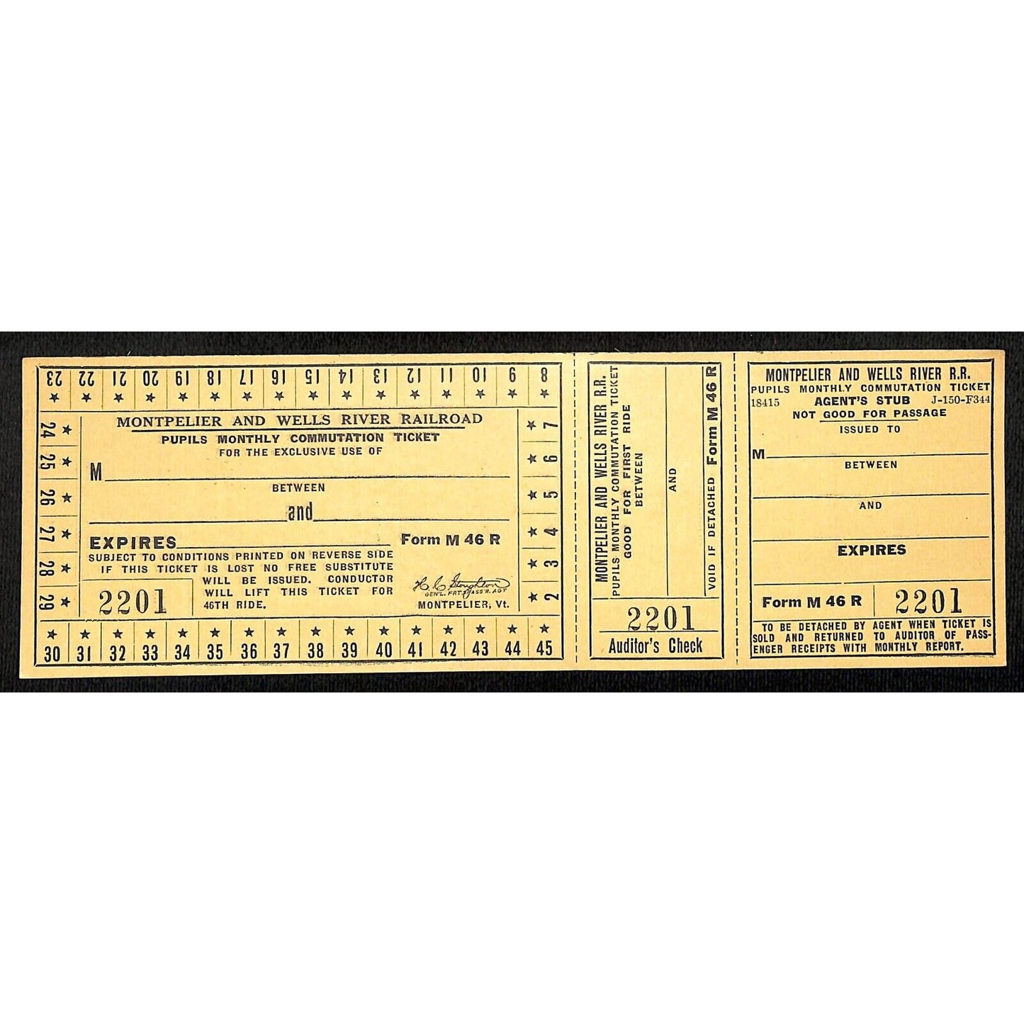 Montpelier and Wells River Railroad Pupils Monthly Commutation Ticket c1941 VGC