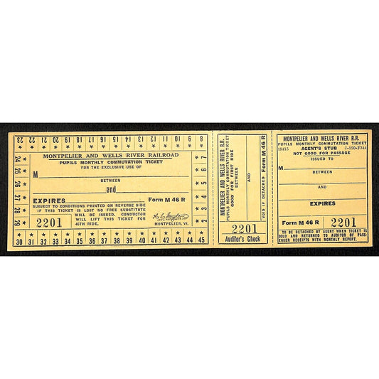 Montpelier and Wells River Railroad Pupils Monthly Commutation Ticket c1941 VGC