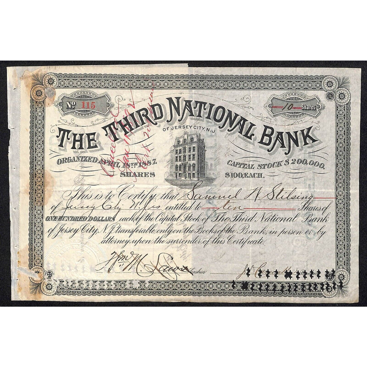 Third National Bank Jersey City, NJ 1887 Stock Certificate Samuel W. Stilsing