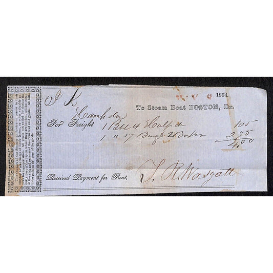 1854 Jabez Knowlton* Newburgh, ME "Steam Boat Boston" $4 Freight Receipt