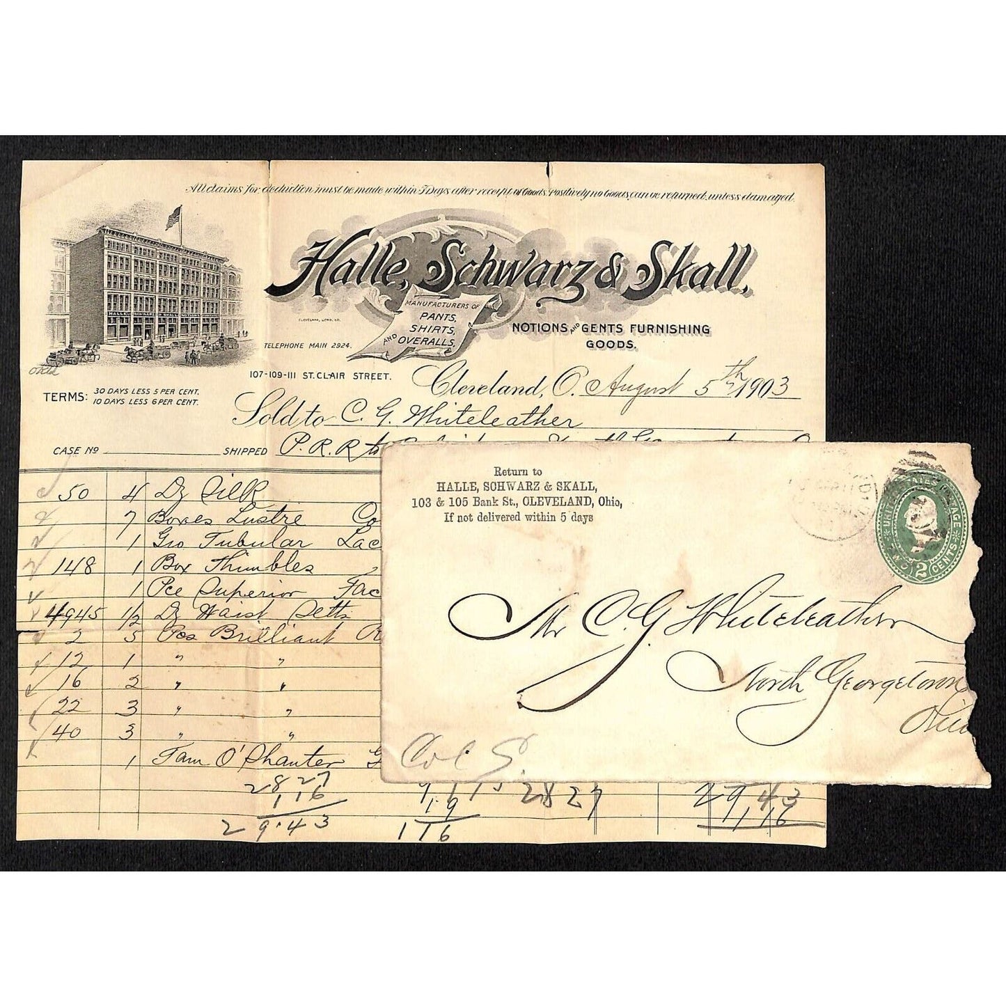 Halle, Schwarz & Skall / Whiteleather * N. Georgetown, OH 1903 Billhead & Cover