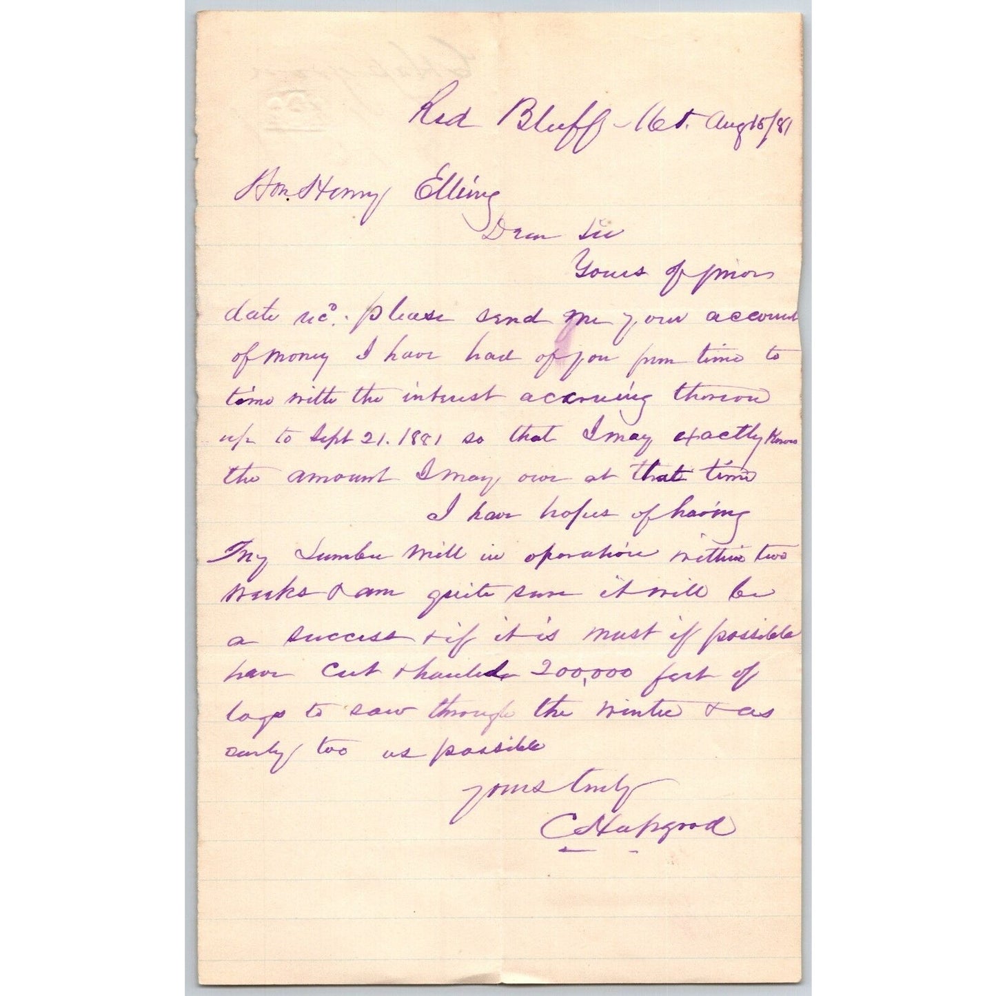 1881 ALS to Henry Elling* Montana re: "..Cut & Hauled 200,000 Feet of Logs.."