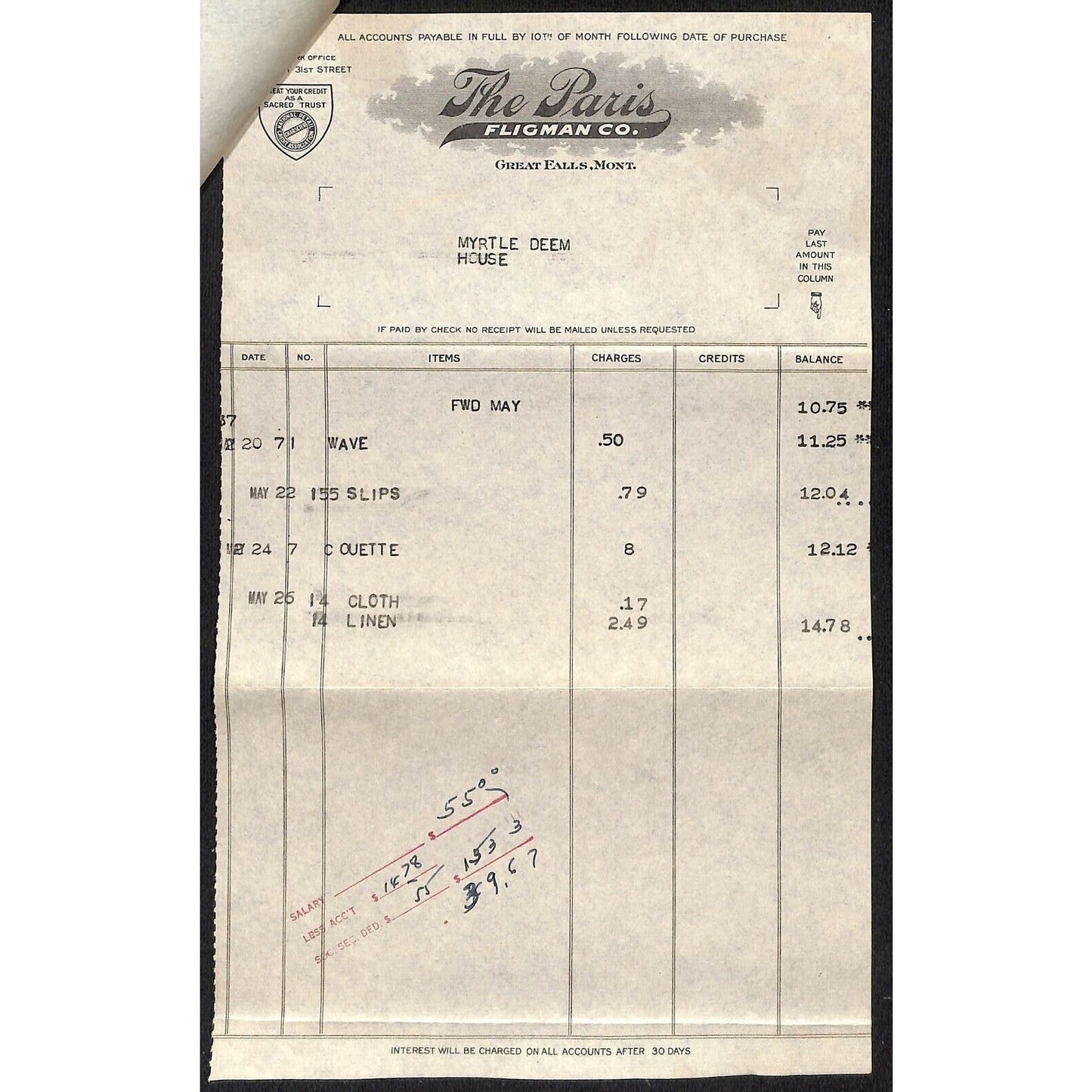 Great Falls, MT The Paris Fligman Co. 1937 2pp. Statement