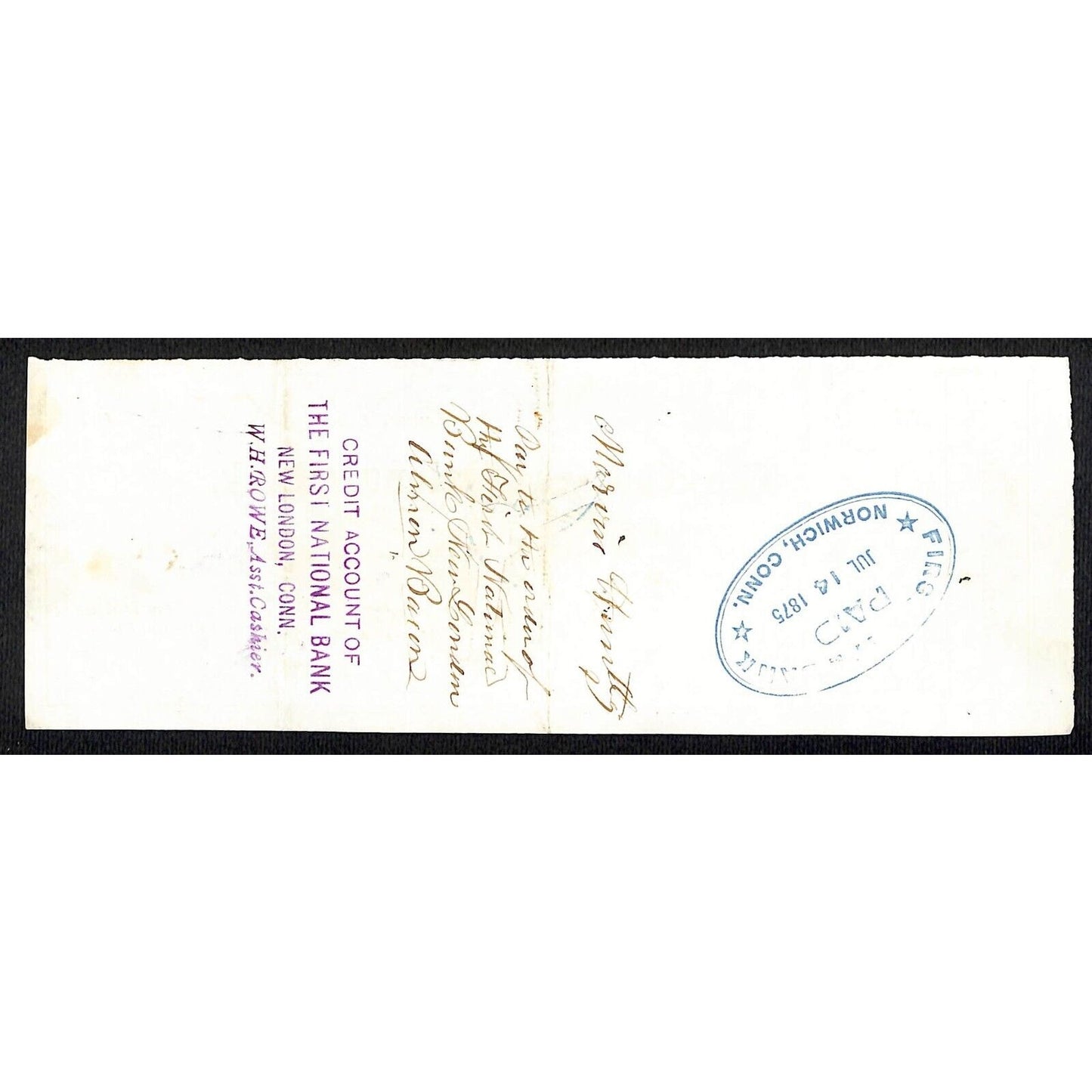 James A. Bill* 1875 Thames National Bank Lyme CT on Rev Stamp Check Stock (#7)