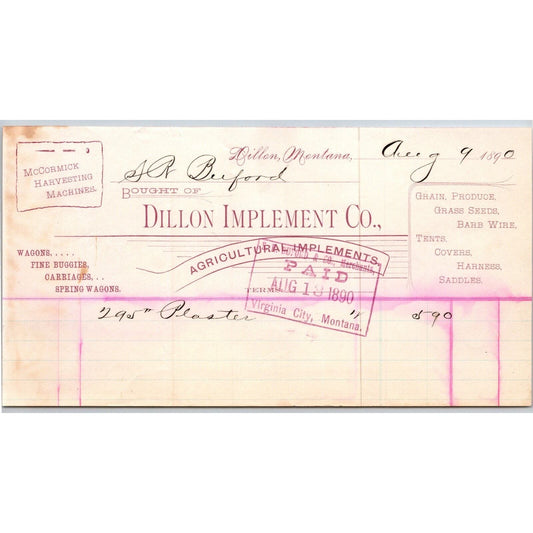 Dillon MT Dillon Implement Co 1890 McCormick Billhead S.R. Buford* Virginia City