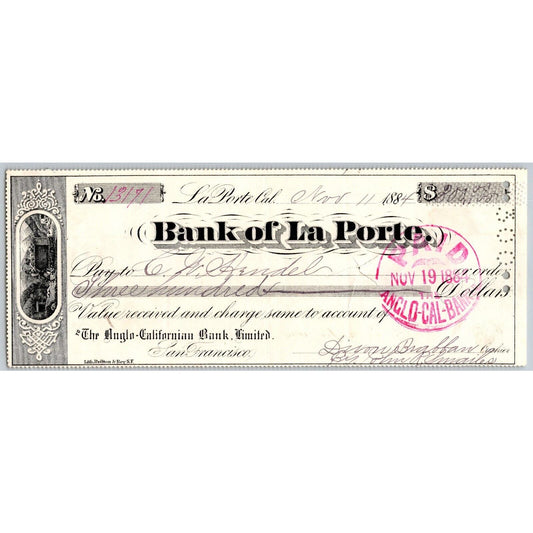 Bank of La Porte Check Charles W. Hendel 1884 Mining Vignette #13171