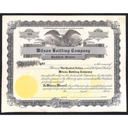 Wilson Bottling Co. Rockford, IL (Twin Lights) c1940's Stock Certificate #158