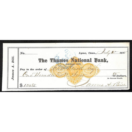 James A. Bill* 1875 Thames National Bank Lyme CT on Rev Stamp Check Stock (#4)