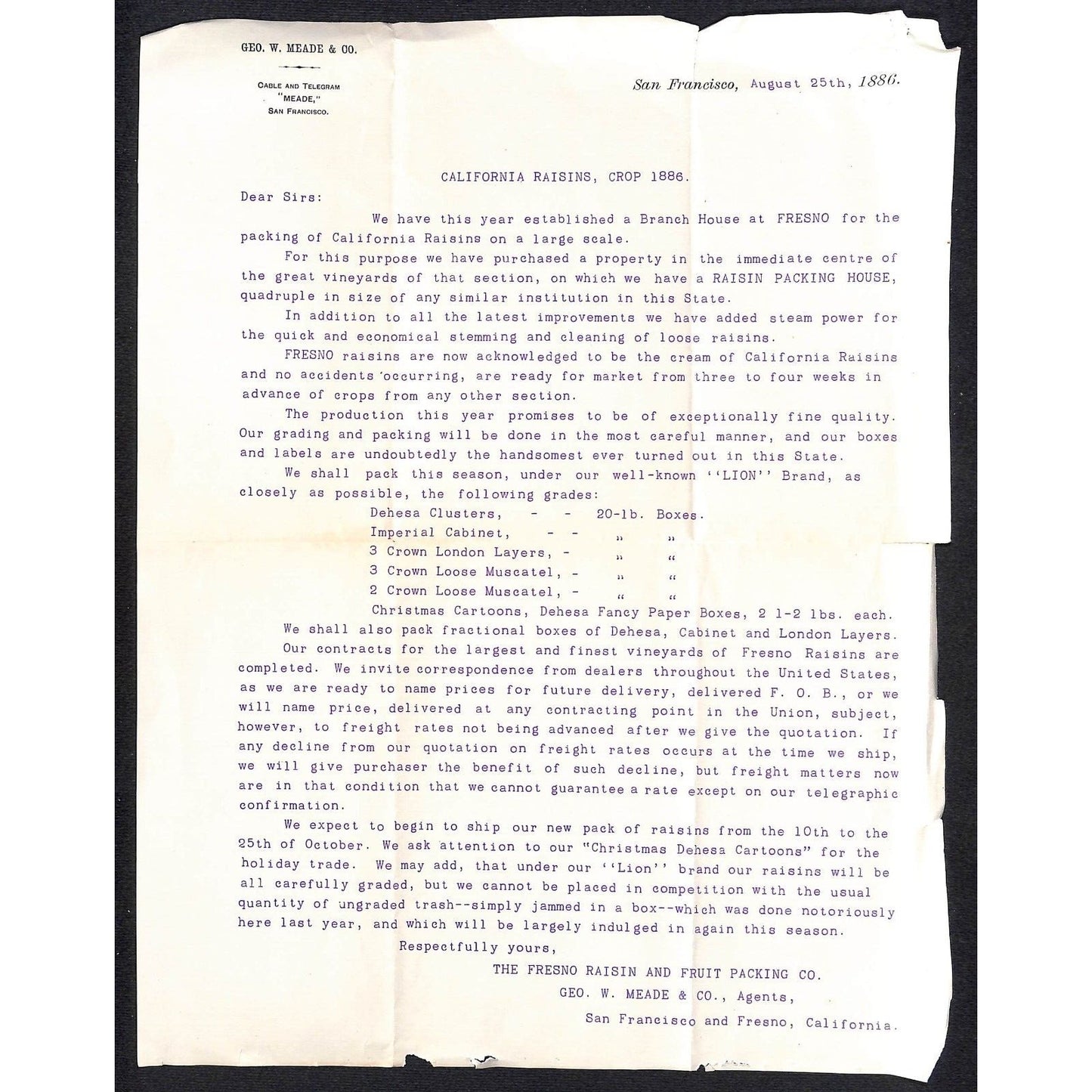 Fresno Raisin and Fruit Packing Co. 1886 Letterhead re: 1886 Raisin Crop