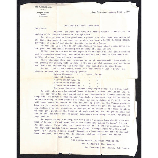 Fresno Raisin and Fruit Packing Co. 1886 Letterhead re: 1886 Raisin Crop