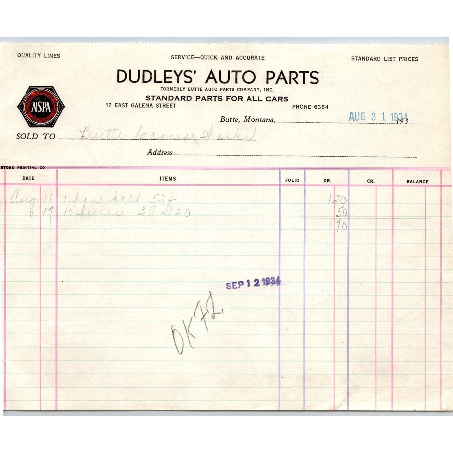 Butte, MT Dudley's Auto Parts NSPA 1934 Billhead Scarce