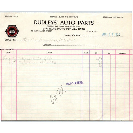 Butte, MT Dudley's Auto Parts NSPA 1934 Billhead Scarce