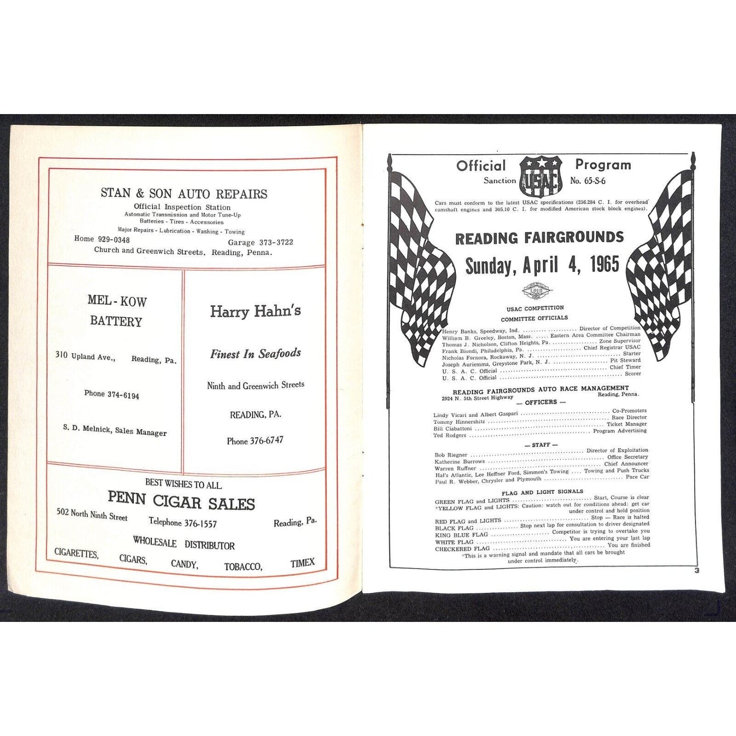 Reading Fairgrounds 1965 USAC Auto Race Program Sprint Car 8pp* Scarce