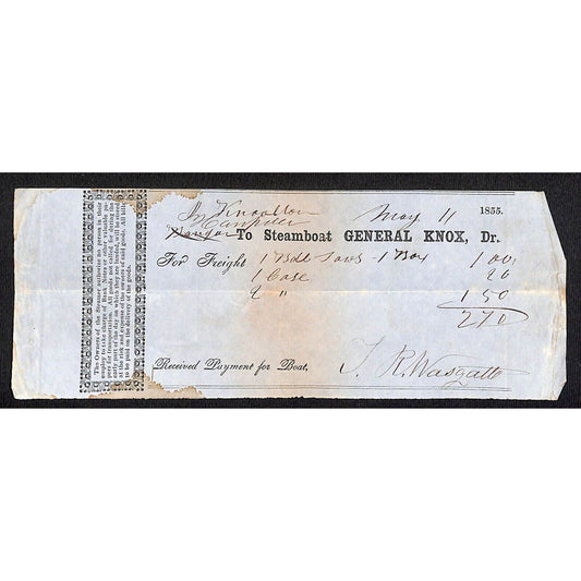 1855 Jabez Knowlton* Newburgh, ME "Steam Boat General Knox" Freight Receipt
