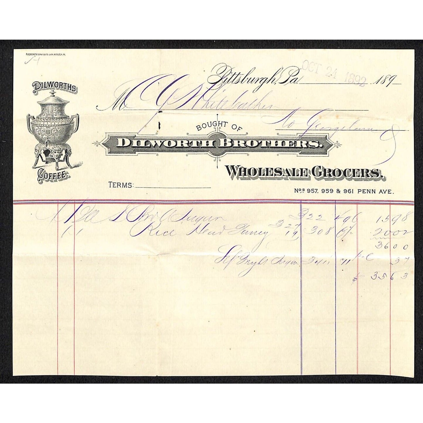 Dilworth Brothers Grocer Pitts. 1892 Billhead Whiteleather* N. Georgetown, OH