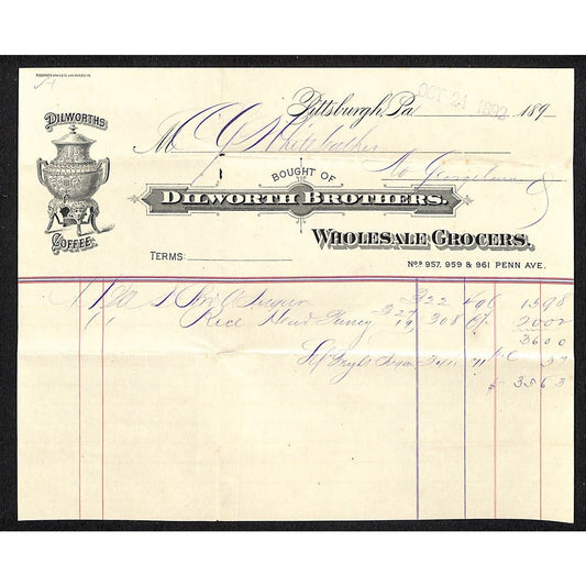 Dilworth Brothers Grocer Pitts. 1892 Billhead Whiteleather* N. Georgetown, OH