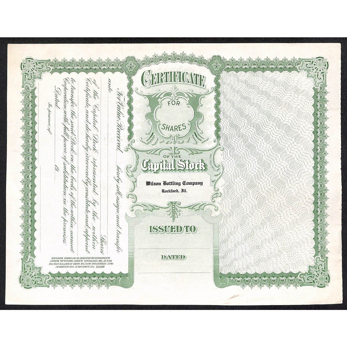 Wilson Bottling Co. Rockford, IL (Twin Lights) c1940's Stock Certificate #158