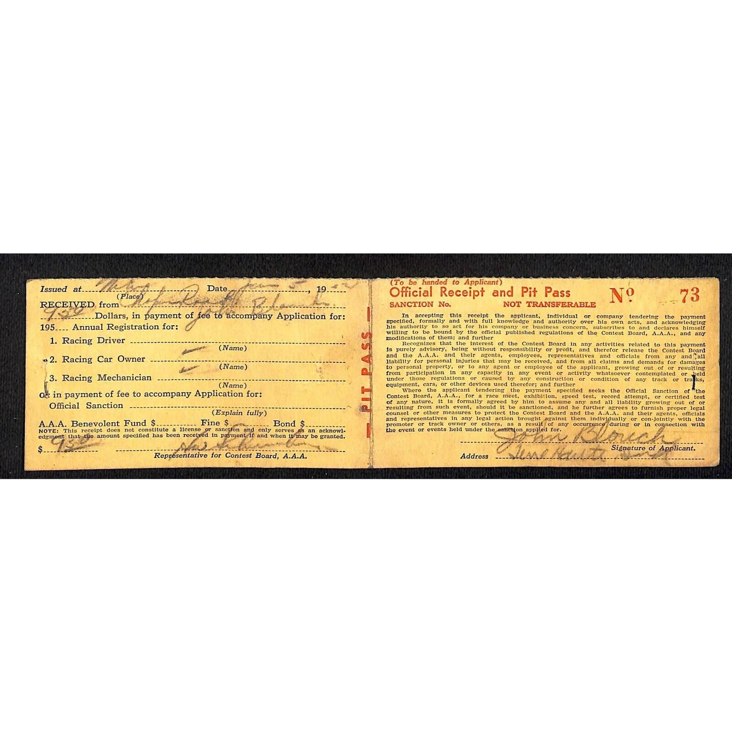 1954 AAA Milwaukee? Pit Pass & Receipt John H. Blough (Chief Mechanic / Owner)