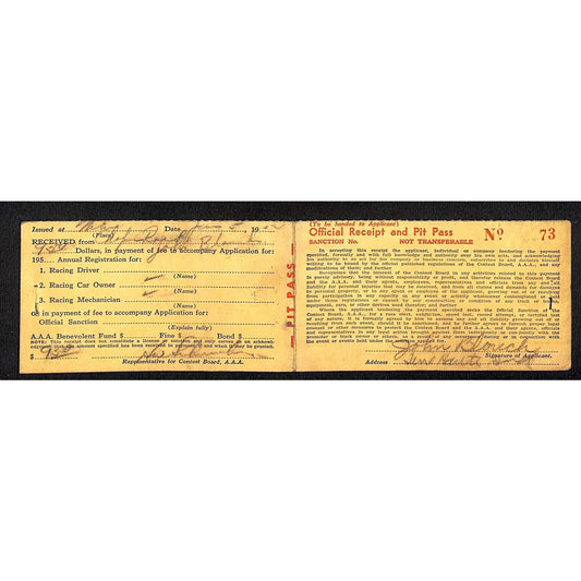 1954 AAA Milwaukee? Pit Pass & Receipt John H. Blough (Chief Mechanic / Owner)
