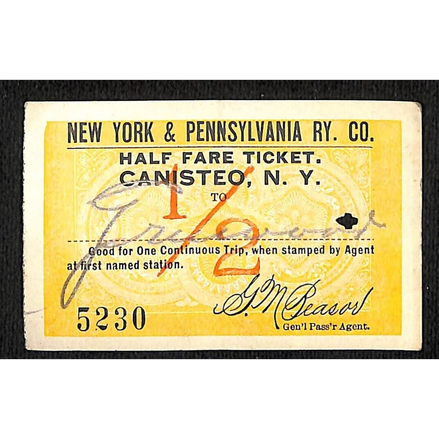 New York & Pennsylvania Railroad RY July 16 1917 Greenwood 1/2 Fare Ticket #5230