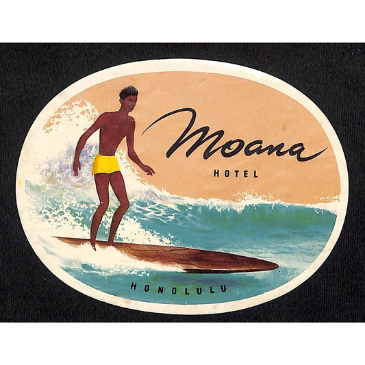 Moana Hotel Honolulu Hawaii Luggage Label Man Surf Board Scarce