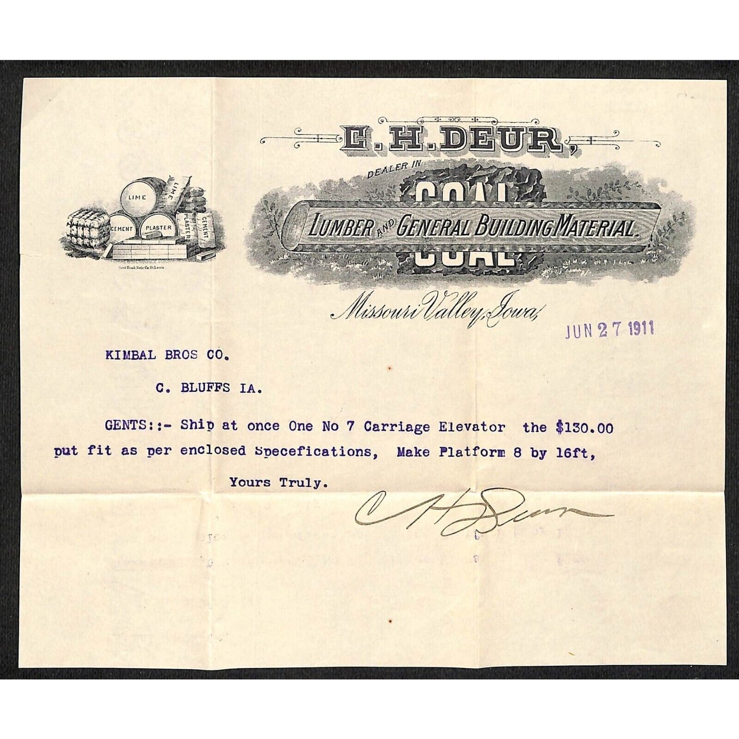 C.H. Deur Lumber Coal Missouri Valley, IA 1911 Letterhead Lime Plaster Scarce