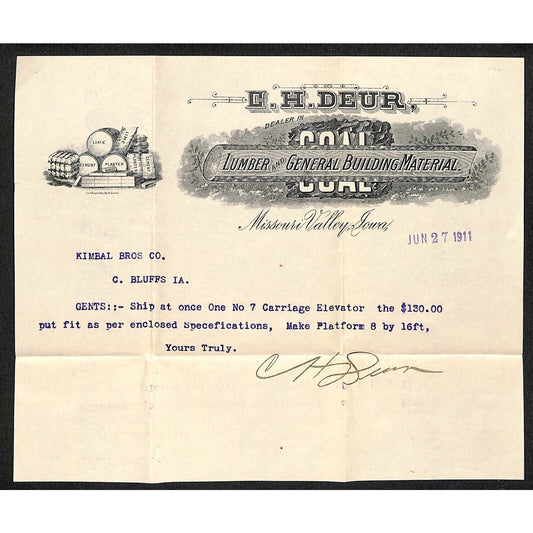 C.H. Deur Lumber Coal Missouri Valley, IA 1911 Letterhead Lime Plaster Scarce