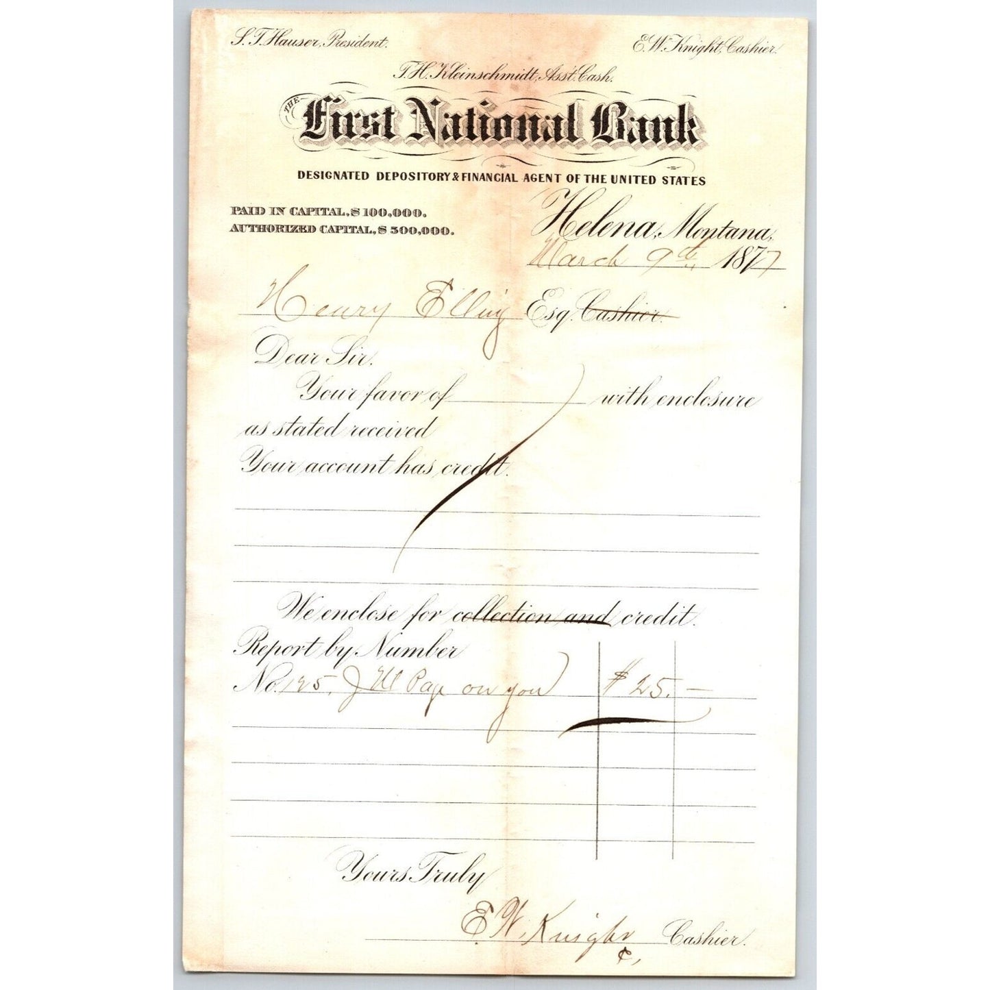 First National Bank Helena, MT 3/9 1877 Payment Advice Henry Elling*