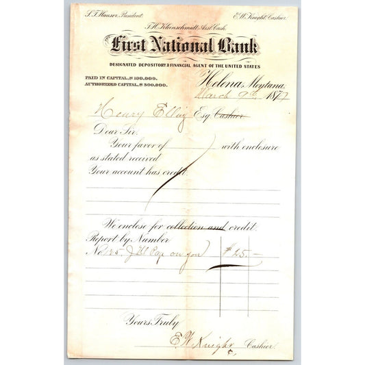 First National Bank Helena, MT 3/9 1877 Payment Advice Henry Elling*