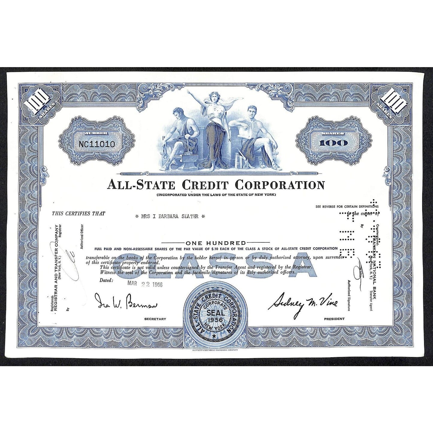 All State Credit Corporation NY 1966 Stock Certificate Mrs. I Barbara Slater