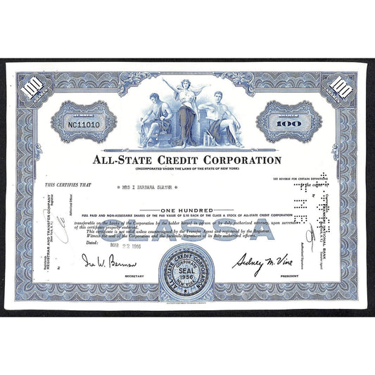 All State Credit Corporation NY 1966 Stock Certificate Mrs. I Barbara Slater