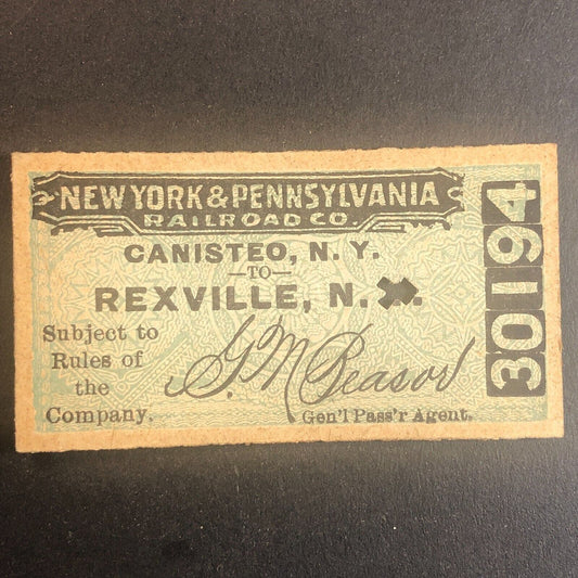 New York & Pennsylvania Railroad July 3 1917 Rexville, NY Ticket #30194