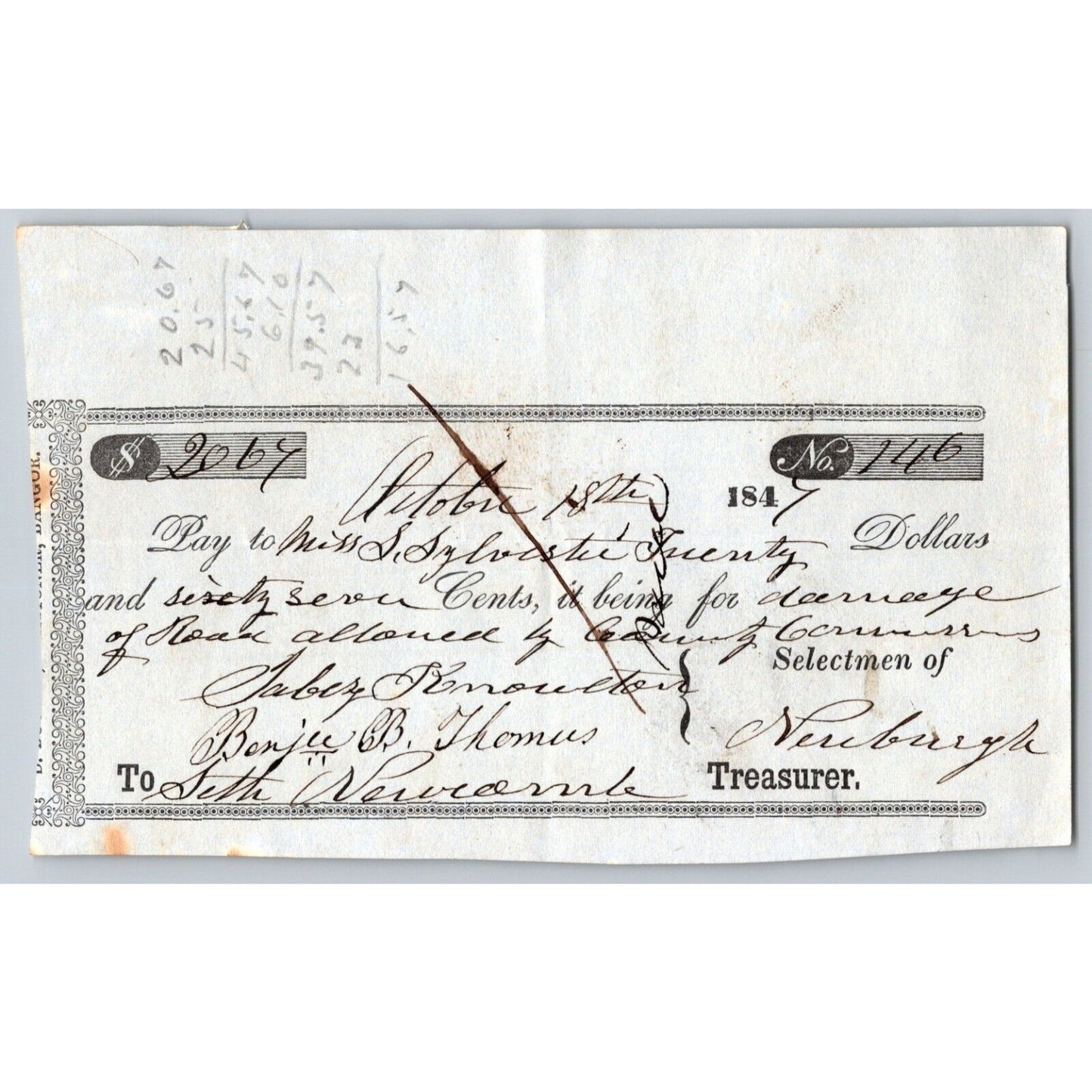 1847 Jabez Knowlton* Newburgh ME Town Check to Miss. Sally Sylocshe ?