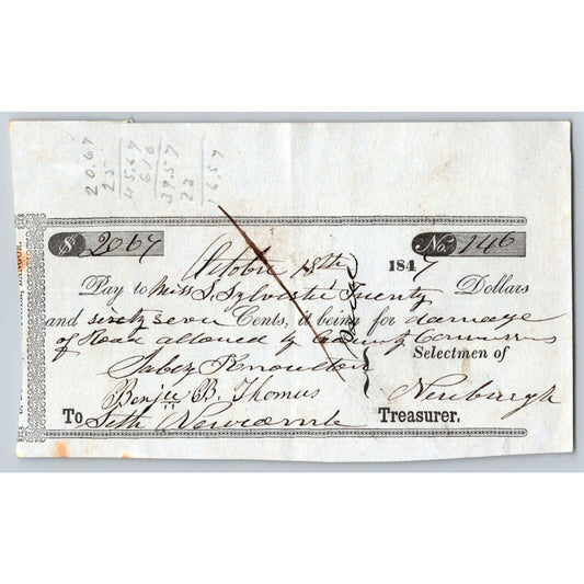 1847 Jabez Knowlton* Newburgh ME Town Check to Miss. Sally Sylocshe ?