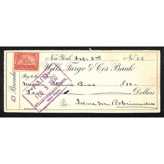 1900 Wells Fargo & Co Bank 63 Broadway NYC #62 Check w/ Rev Stamp Stern Bros.