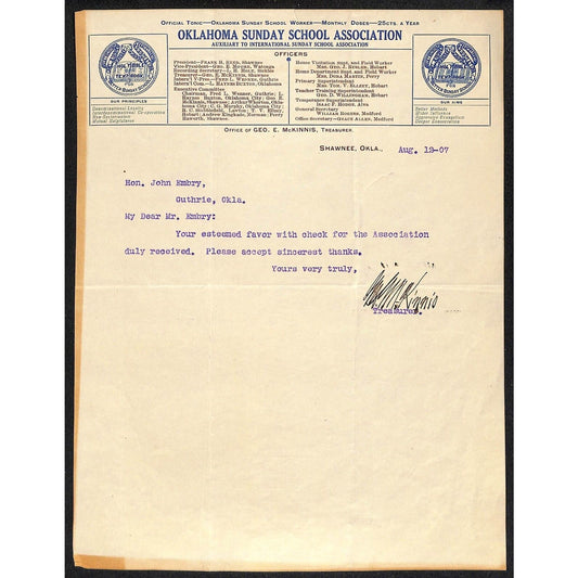 1907 Oklahoma Sunday School Association Shawnee Territorial Letterhead Scaece