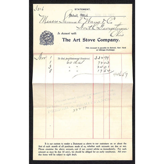 Art Stove Co. Detroit 1902 Statement Samuel Wang* N. Georgetown , OH
