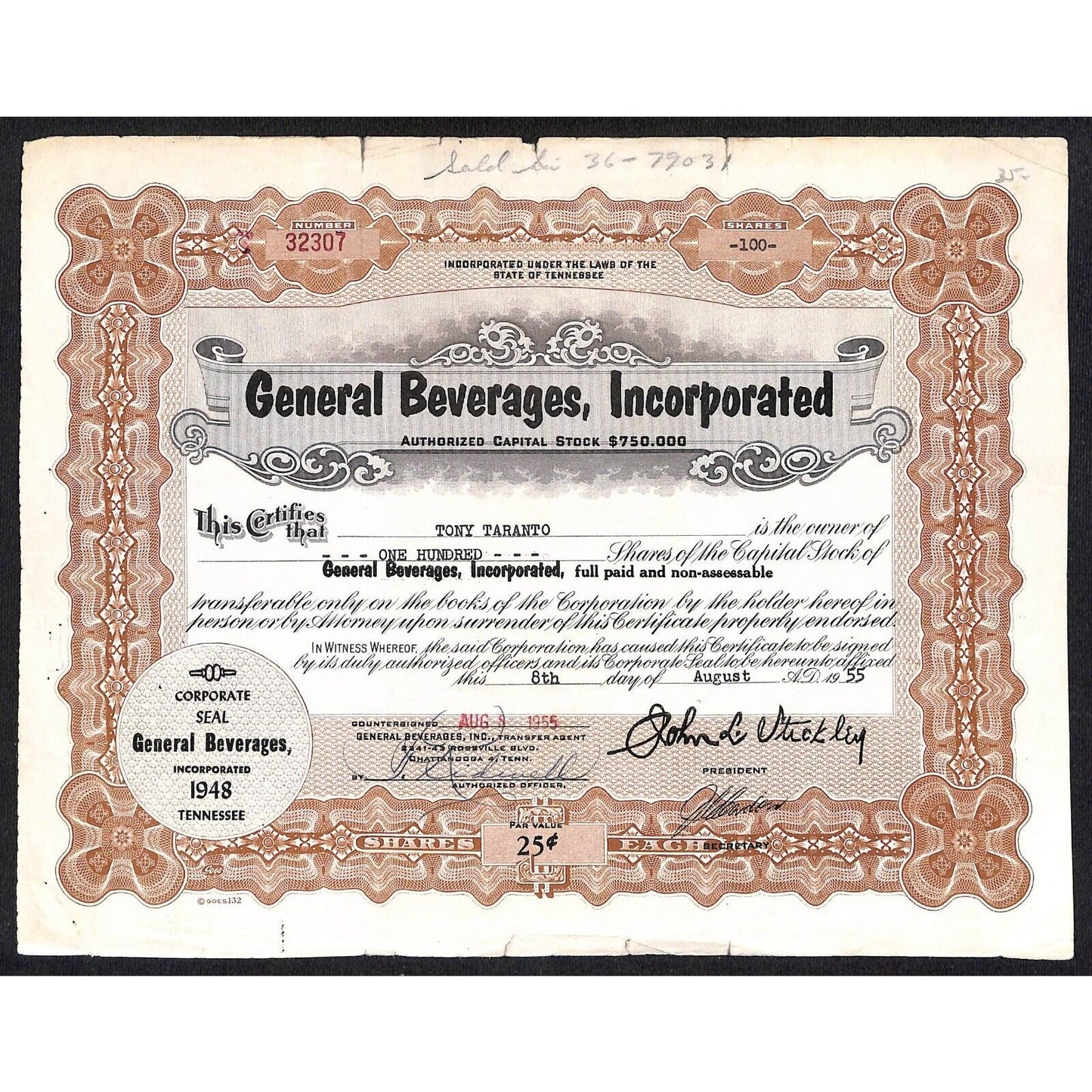 General Beverages, Inc.* Tennessee 1955 Stock Certificate Tony Taranto #32307