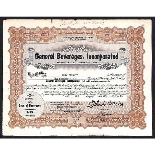 General Beverages, Inc.* Tennessee 1955 Stock Certificate Tony Taranto #32307