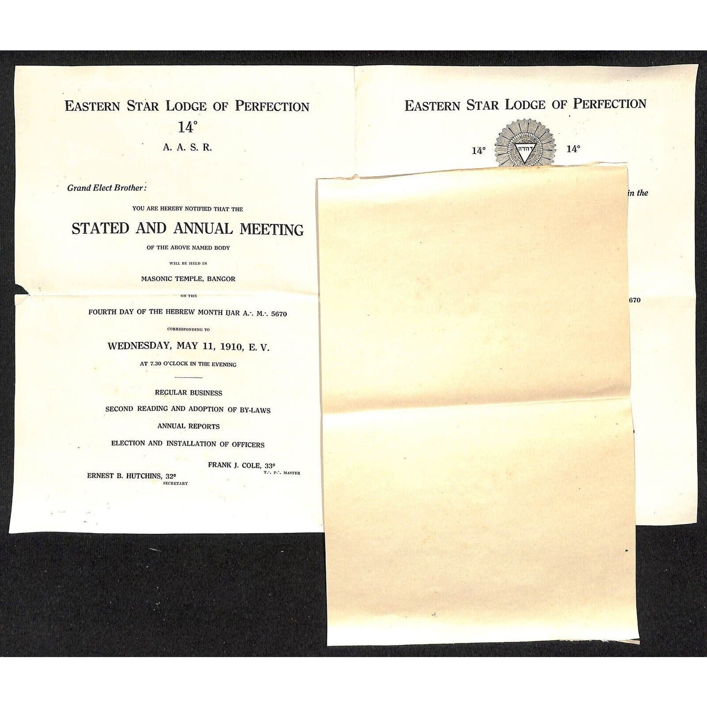 Bangor Masonic Temple / Rose Croix 1910 Special Meeting Notices - Knowlton*