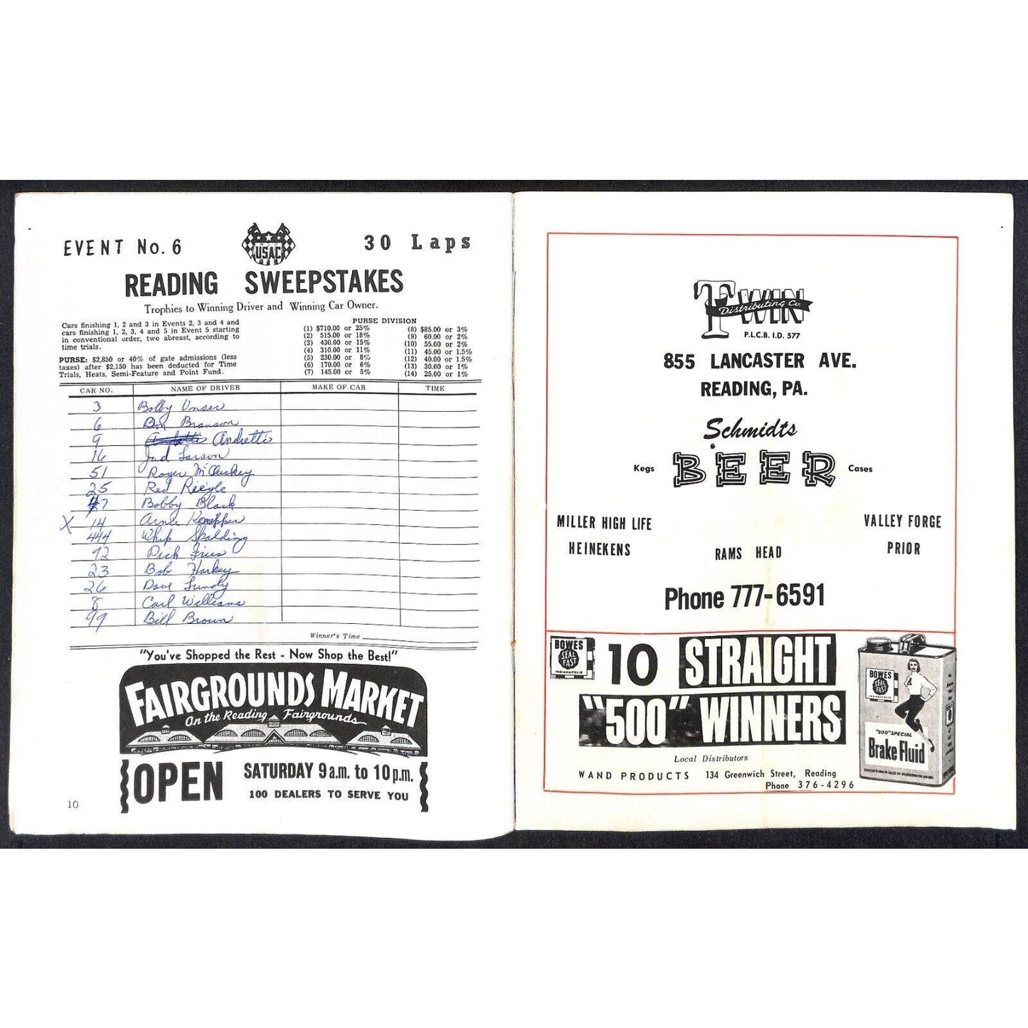 Reading Fairgrounds 1966 USAC Auto Races Program Sprint Car Mario 8pp*