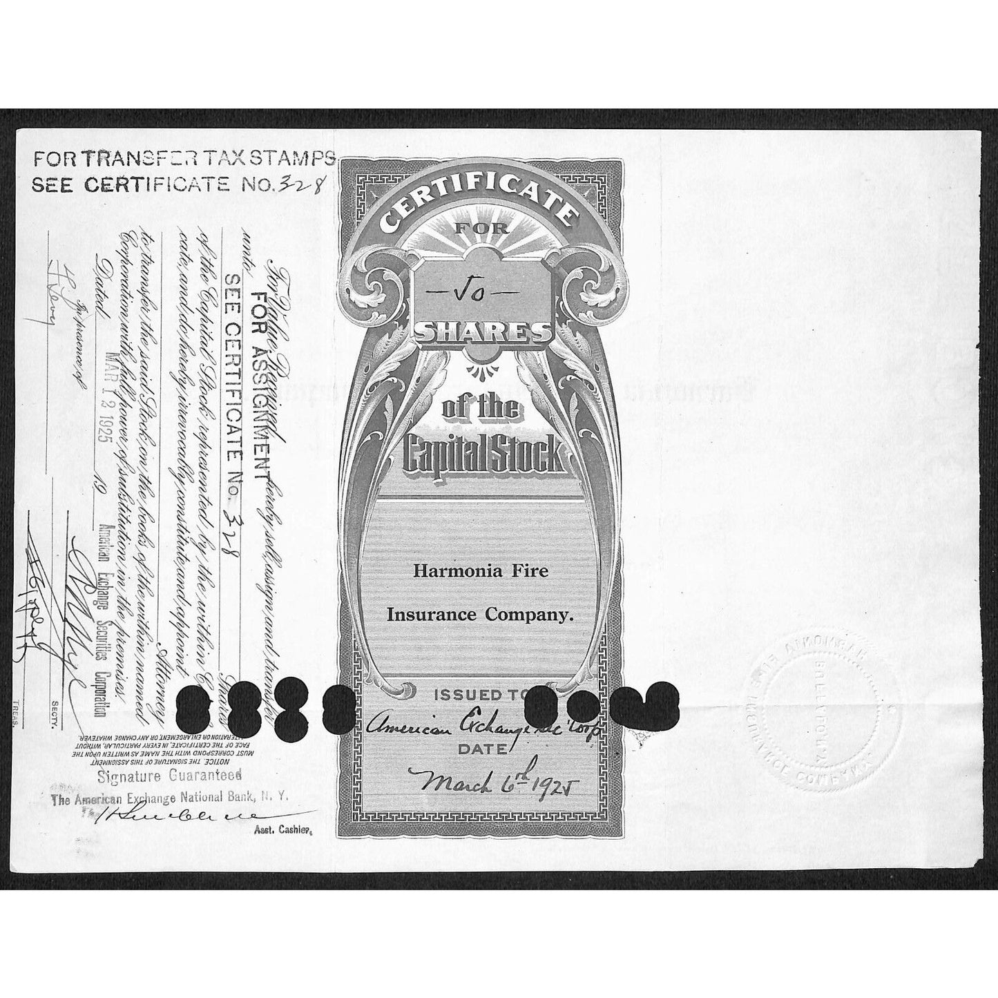 Harmonia Fire Insurance Co. NY 1925 Stock Certificate #338