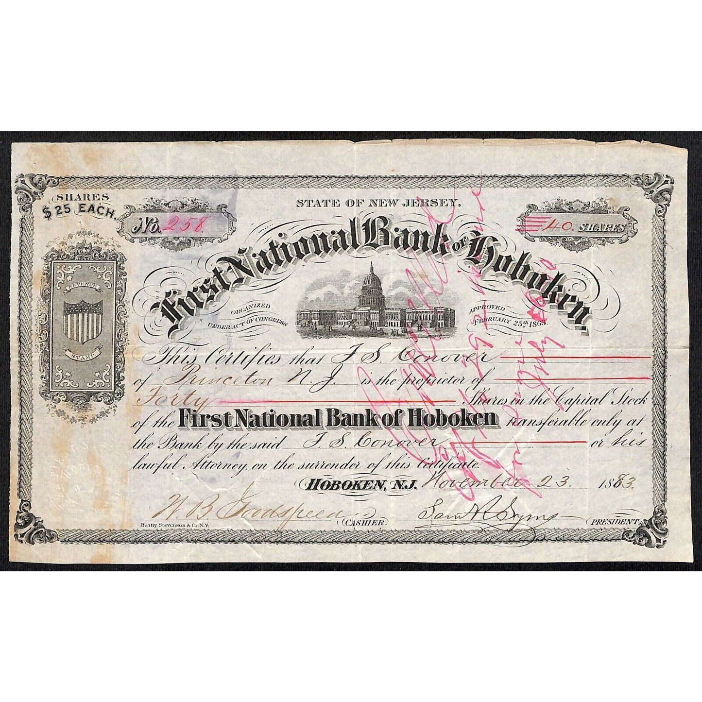 First National Bank of Hoboken 1883 Stock Certificate J.S. Conover