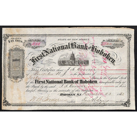 First National Bank of Hoboken 1883 Stock Certificate J.S. Conover