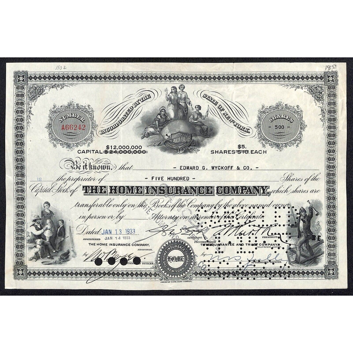 The Home Insurance Co. New York 1933 Stock Certificate to Edward G. Wyckoff & Co