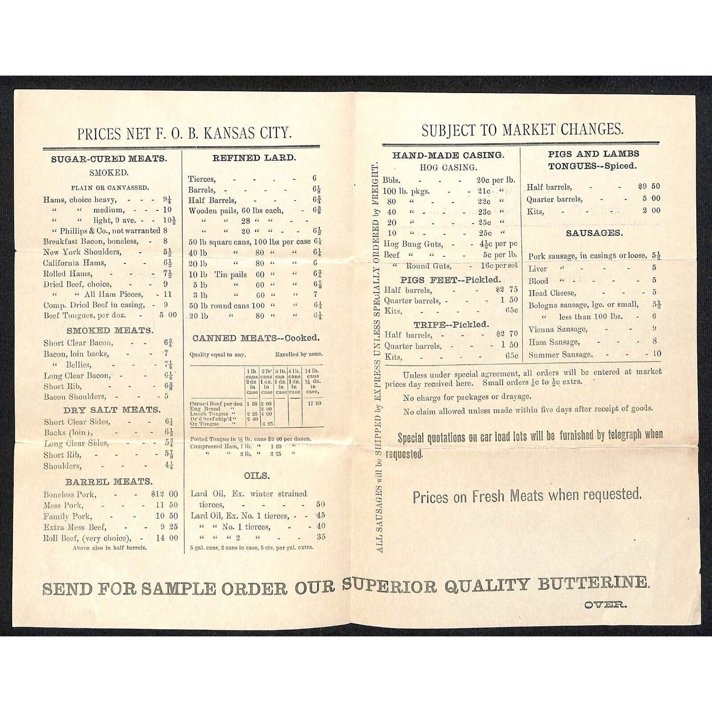 Geo. Fowler & Son Kansas City, MO 3/1 1886 Meats Price Sheet VGC Scarce